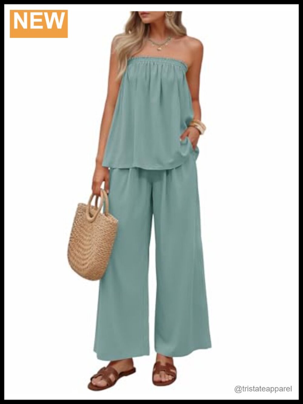 2 Piece Set Strapless Tube Top Wide Leg Pants Outfit Vacation Casual